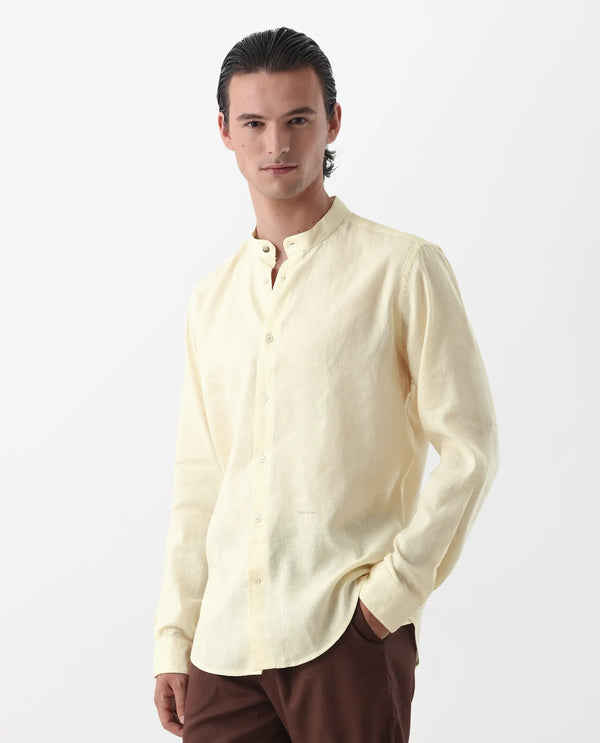 Rare Rabbit Men's Cinex Pastel Yellow Full Sleeve Mandarin Collar Solid Linen Shirt
