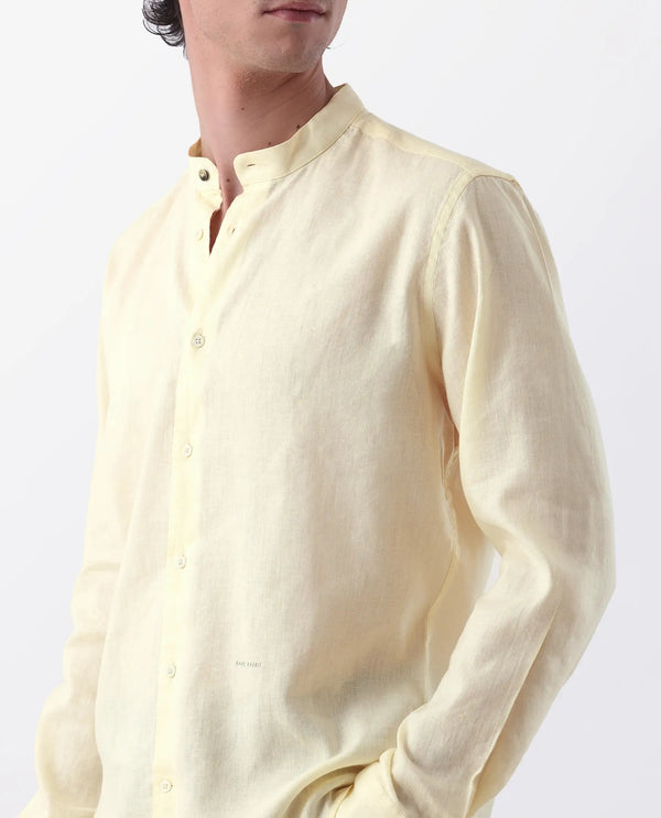 Rare Rabbit Men's Cinex Pastel Yellow Full Sleeve Mandarin Collar Solid Linen Shirt