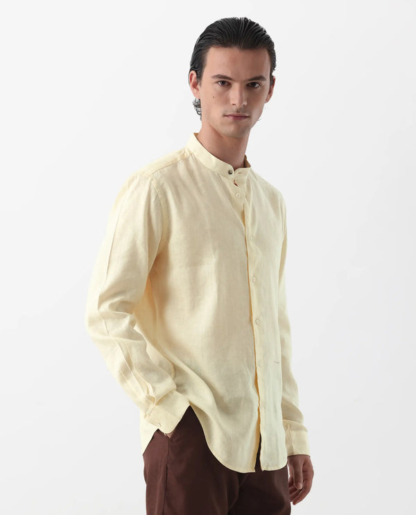 Rare Rabbit Men's Cinex Pastel Yellow Full Sleeve Mandarin Collar Solid Linen Shirt