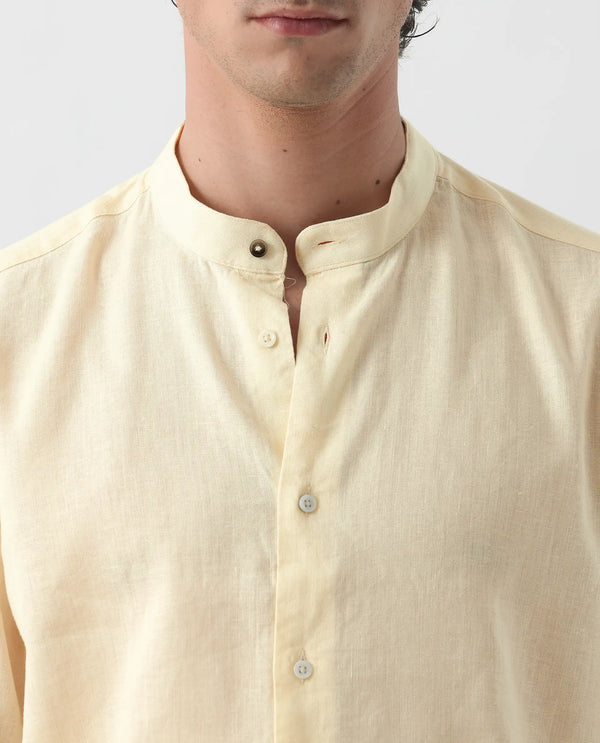 Rare Rabbit Men's Cinex Pastel Yellow Full Sleeve Mandarin Collar Solid Linen Shirt