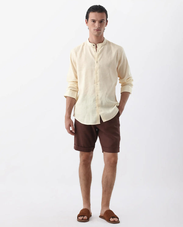Rare Rabbit Men's Cinex Pastel Yellow Full Sleeve Mandarin Collar Solid Linen Shirt