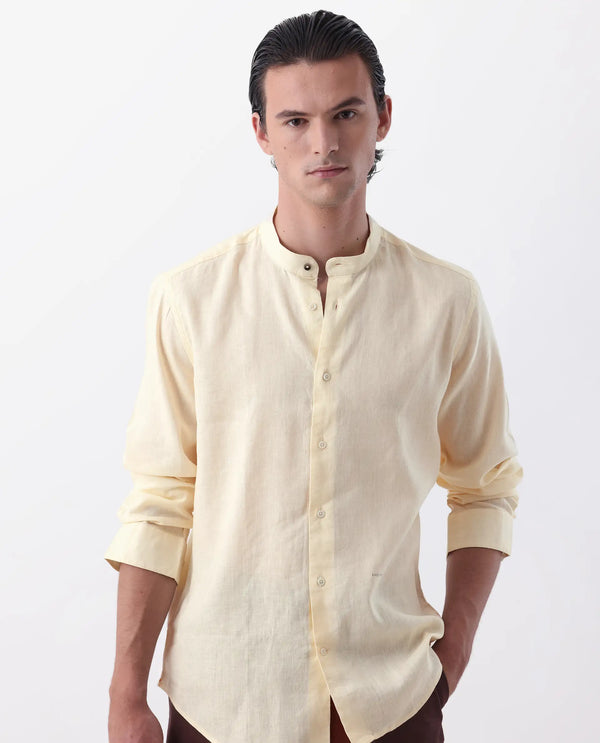 Rare Rabbit Men's Cinex Pastel Yellow Full Sleeve Mandarin Collar Solid Linen Shirt