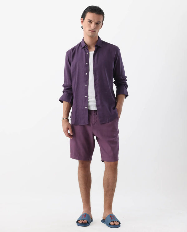 Rare Rabbit Men's Linex-1 Purple Linen Excel Fabric Full Sleeves Regular Fit Solid Shirt