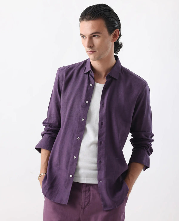 Rare Rabbit Men's Linex-1 Purple Linen Excel Fabric Full Sleeves Regular Fit Solid Shirt