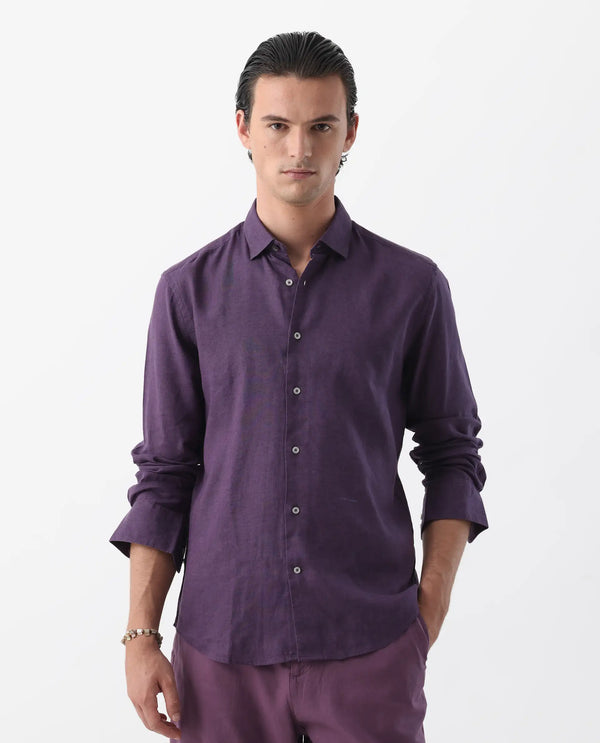 Rare Rabbit Men's Linex-1 Purple Linen Excel Fabric Full Sleeves Regular Fit Solid Shirt