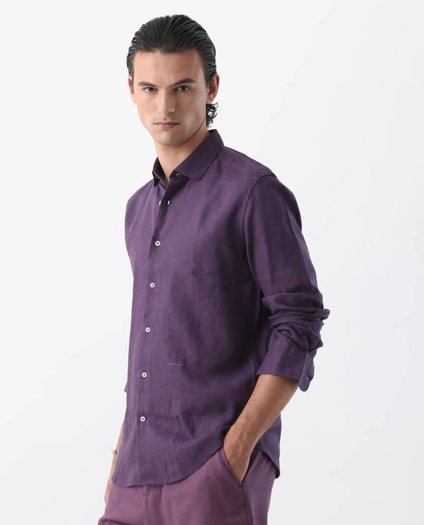 Rare Rabbit Men's Linex-1 Purple Linen Excel Fabric Full Sleeves Regular Fit Solid Shirt