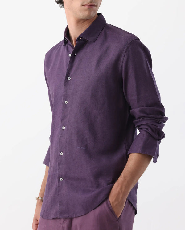 Rare Rabbit Men's Linex-1 Purple Linen Excel Fabric Full Sleeves Regular Fit Solid Shirt