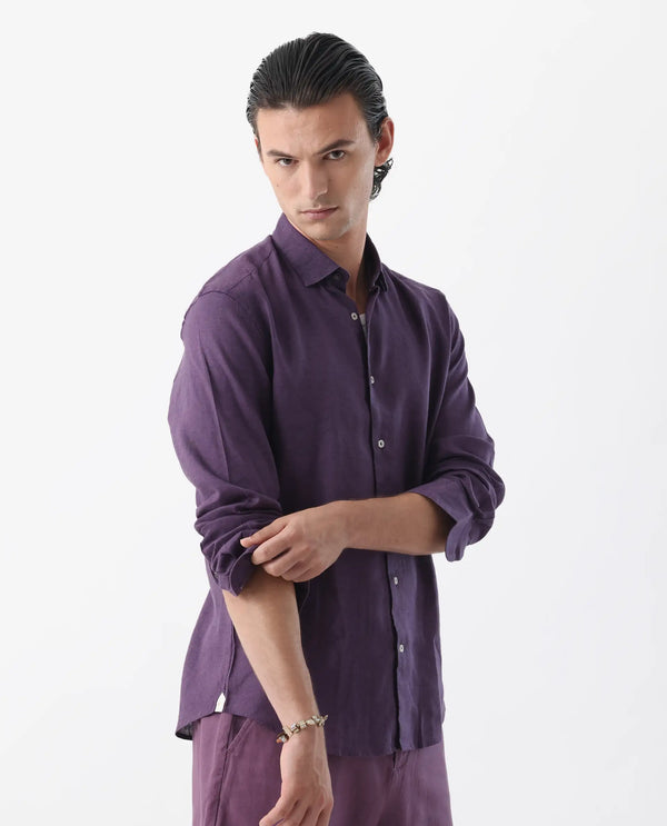 Rare Rabbit Men's Linex-1 Purple Linen Excel Fabric Full Sleeves Regular Fit Solid Shirt