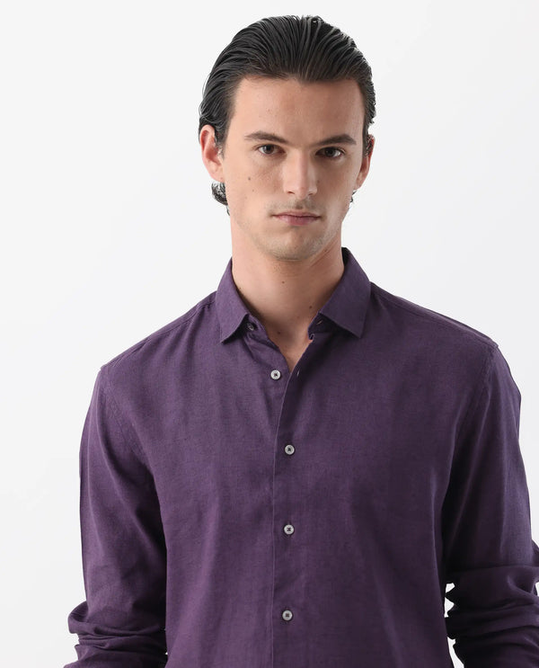 Rare Rabbit Men's Linex-1 Purple Linen Excel Fabric Full Sleeves Regular Fit Solid Shirt