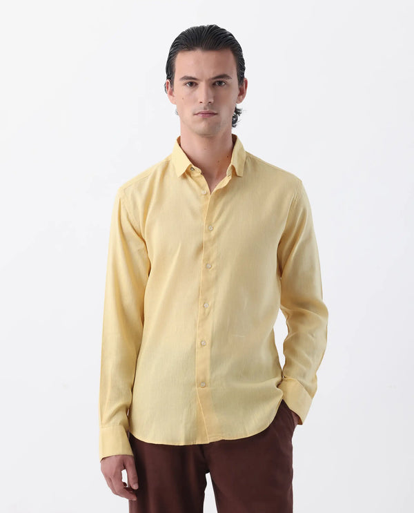 Rare Rabbit Mens Linex-1 Yellow Linen Excel Fabric Regular Collar Full Sleeve Regular Fit Solid Shirt