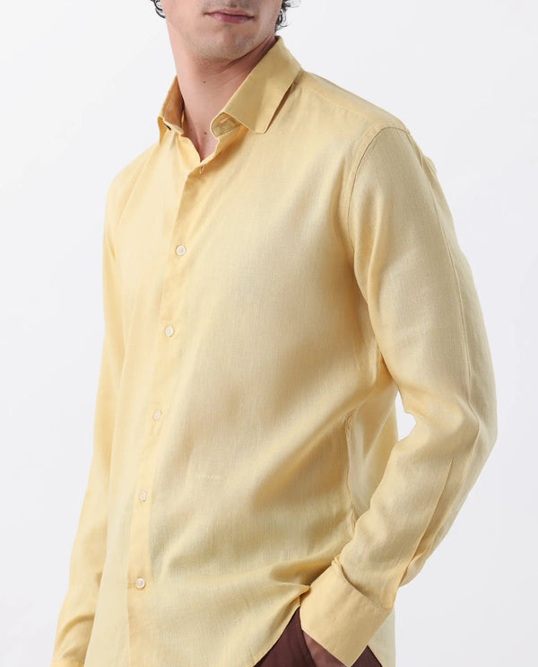 Rare Rabbit Mens Linex-1 Yellow Linen Excel Fabric Regular Collar Full Sleeve Regular Fit Solid Shirt