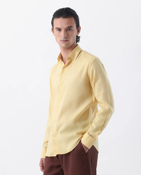 Rare Rabbit Mens Linex-1 Yellow Linen Excel Fabric Regular Collar Full Sleeve Regular Fit Solid Shirt