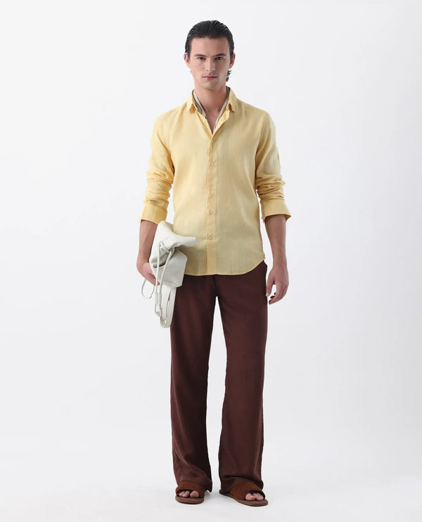Rare Rabbit Mens Linex-1 Yellow Linen Excel Fabric Regular Collar Full Sleeve Regular Fit Solid Shirt