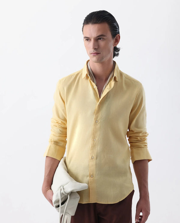 Rare Rabbit Mens Linex-1 Yellow Linen Excel Fabric Regular Collar Full Sleeve Regular Fit Solid Shirt
