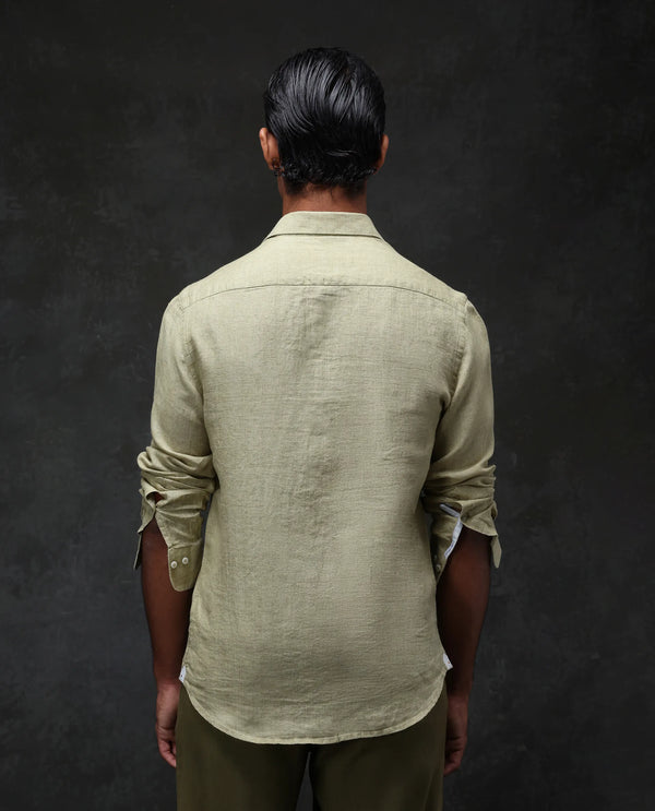 Rare Rabbit Mens Borium-2 Pastel Green Full Sleeve Melange Linen Fabric Solid Shirt