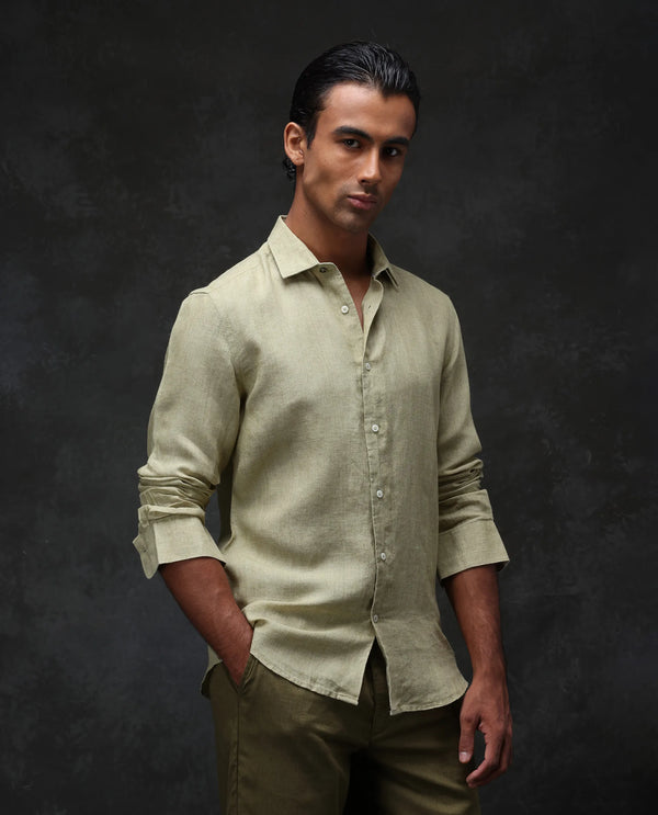Rare Rabbit Mens Borium-2 Pastel Green Full Sleeve Melange Linen Fabric Solid Shirt