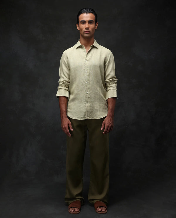 Rare Rabbit Mens Borium-2 Pastel Green Full Sleeve Melange Linen Fabric Solid Shirt