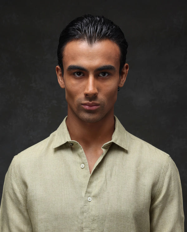 Rare Rabbit Mens Borium-2 Pastel Green Full Sleeve Melange Linen Fabric Solid Shirt