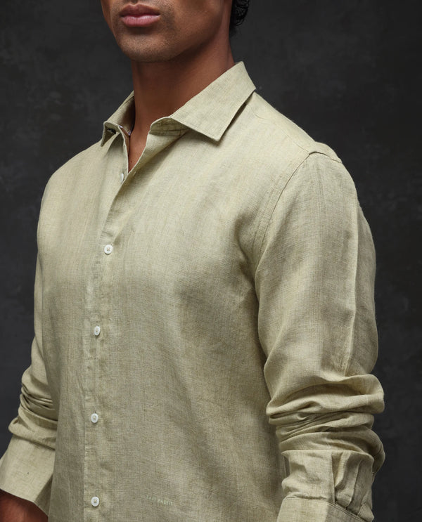 Rare Rabbit Mens Borium-2 Pastel Green Full Sleeve Melange Linen Fabric Solid Shirt