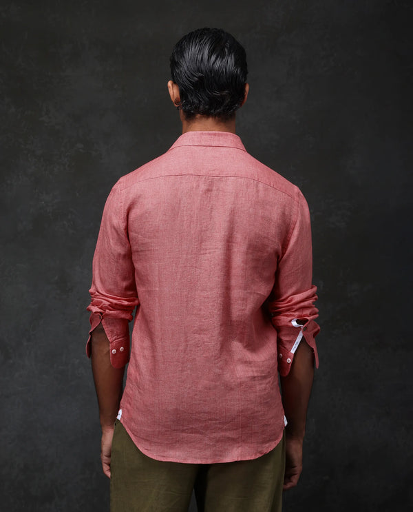 Rare Rabbit Mens Borium-2 Fluorescent Pink Full Sleeve Melange Linen Fabric Solid Shirt