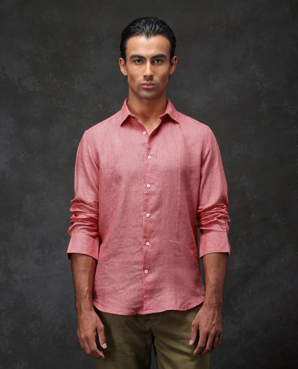 Rare Rabbit Mens Borium-2 Fluorescent Pink Full Sleeve Melange Linen Fabric Solid Shirt