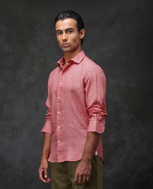Rare Rabbit Mens Borium-2 Fluorescent Pink Full Sleeve Melange Linen Fabric Solid Shirt