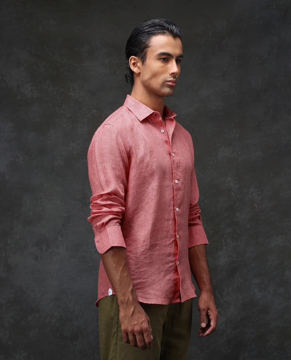 Rare Rabbit Mens Borium-2 Fluorescent Pink Full Sleeve Melange Linen Fabric Solid Shirt