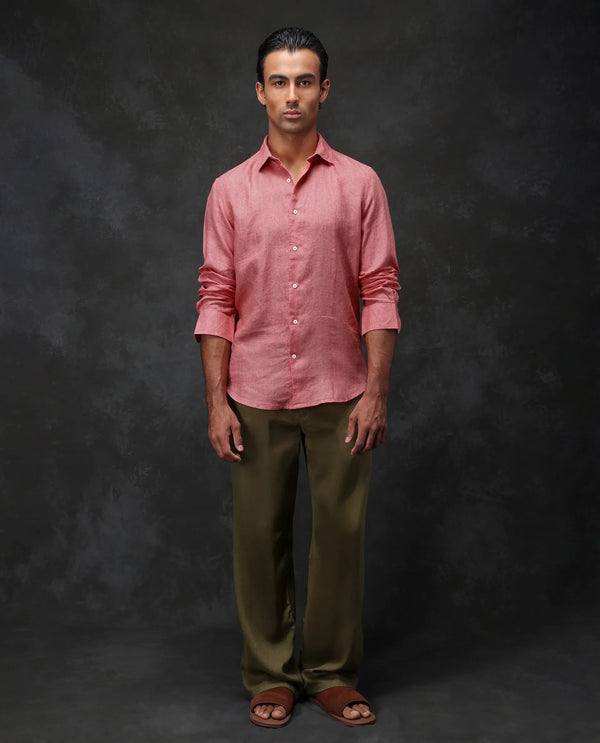 Rare Rabbit Mens Borium-2 Fluorescent Pink Full Sleeve Melange Linen Fabric Solid Shirt