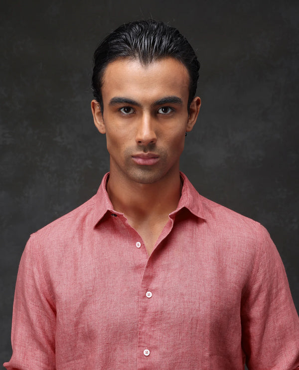 Rare Rabbit Mens Borium-2 Fluorescent Pink Full Sleeve Melange Linen Fabric Solid Shirt
