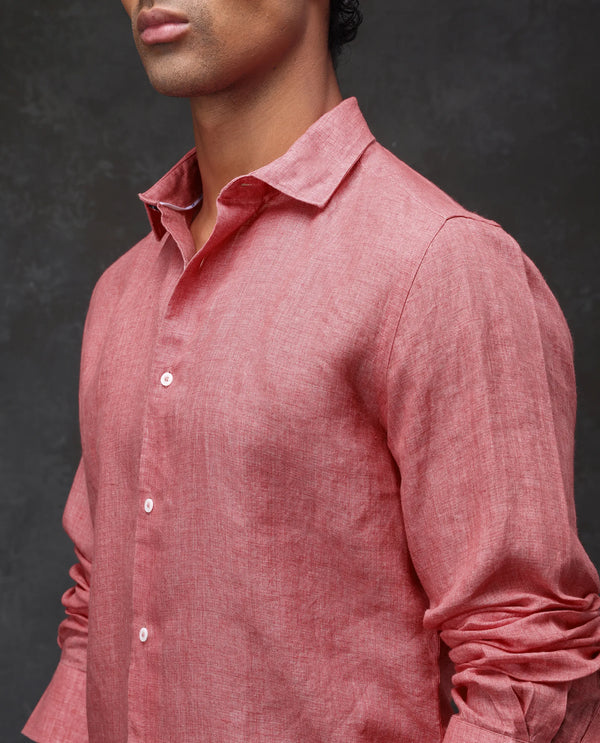 Rare Rabbit Mens Borium-2 Fluorescent Pink Full Sleeve Melange Linen Fabric Solid Shirt