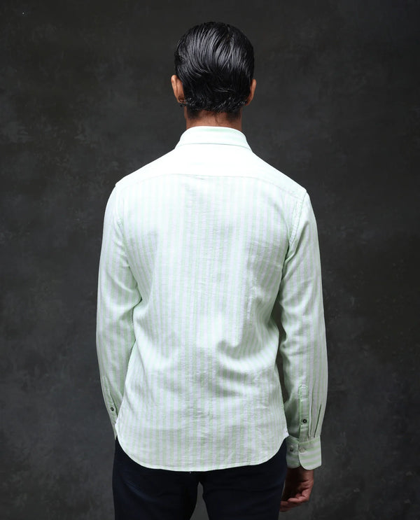 Rare Rabbit Mens Dopple Pastel Green Full Sleeve Spread Collar Cotton Linen Blend Stripe Shirt