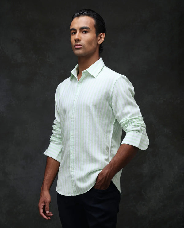 Rare Rabbit Mens Dopple Pastel Green Full Sleeve Spread Collar Cotton Linen Blend Stripe Shirt