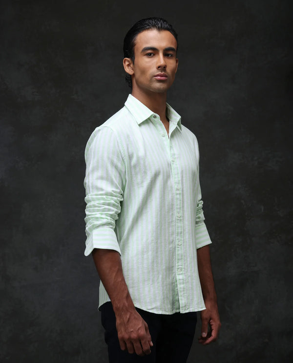 Rare Rabbit Mens Dopple Pastel Green Full Sleeve Spread Collar Cotton Linen Blend Stripe Shirt
