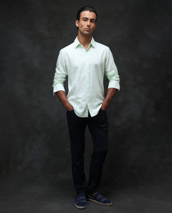 Rare Rabbit Mens Dopple Pastel Green Full Sleeve Spread Collar Cotton Linen Blend Stripe Shirt