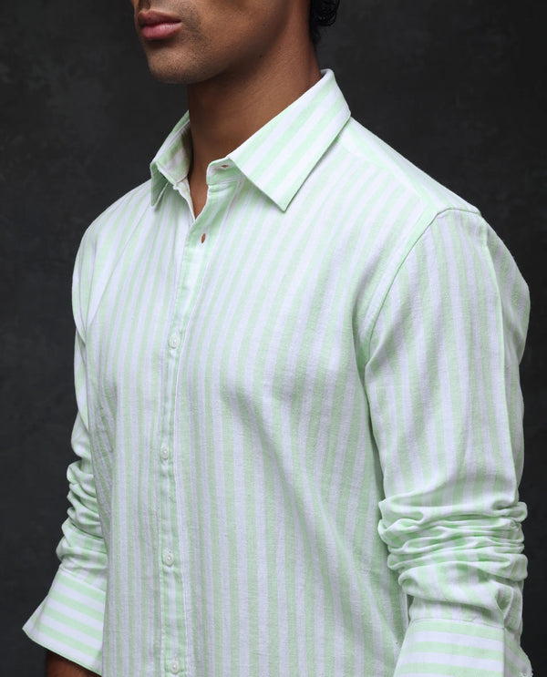 Rare Rabbit Mens Dopple Pastel Green Full Sleeve Spread Collar Cotton Linen Blend Stripe Shirt