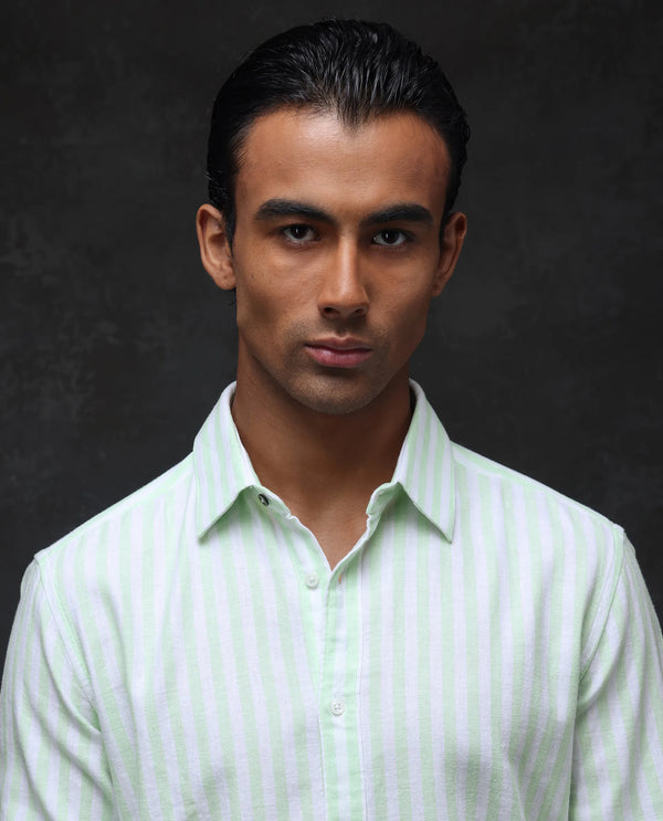 Rare Rabbit Mens Dopple Pastel Green Full Sleeve Spread Collar Cotton Linen Blend Stripe Shirt