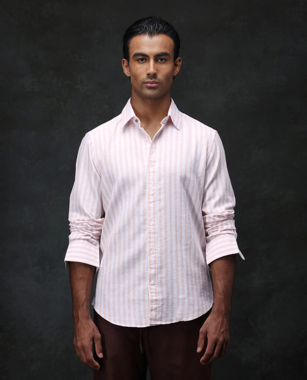 Rare Rabbit Mens Dopple Pastel Peach Full Sleeve Regular Collar Cotton Linen Blend Stripe Shirt