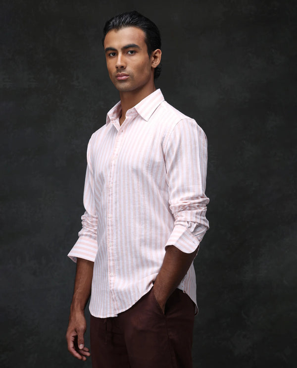 Rare Rabbit Mens Dopple Pastel Peach Full Sleeve Regular Collar Cotton Linen Blend Stripe Shirt