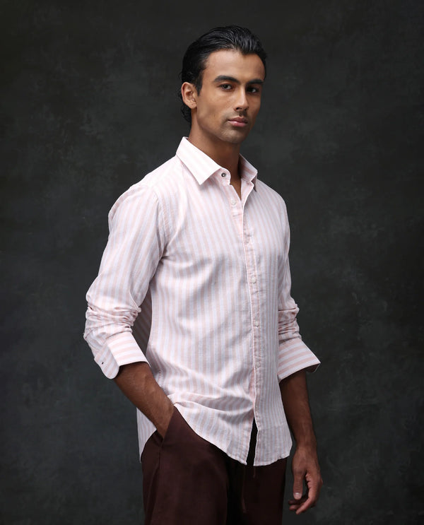 Rare Rabbit Mens Dopple Pastel Peach Full Sleeve Regular Collar Cotton Linen Blend Stripe Shirt
