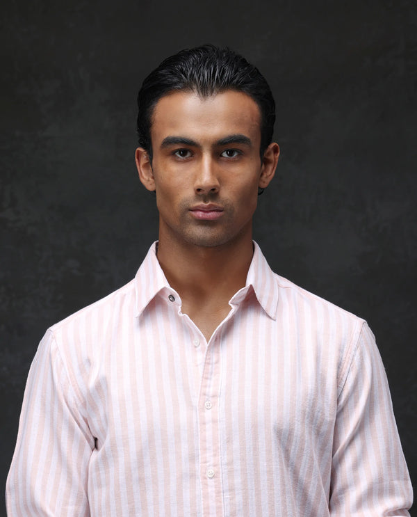 Rare Rabbit Mens Dopple Pastel Peach Full Sleeve Regular Collar Cotton Linen Blend Stripe Shirt