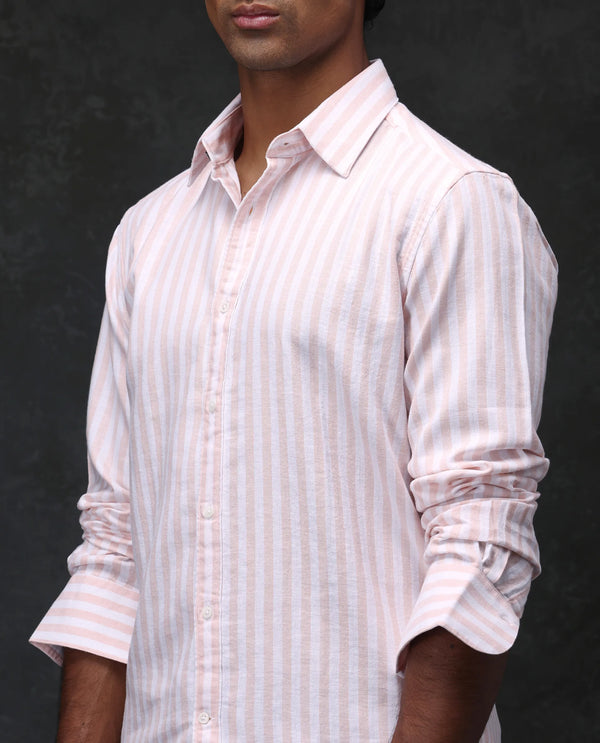 Rare Rabbit Mens Dopple Pastel Peach Full Sleeve Regular Collar Cotton Linen Blend Stripe Shirt