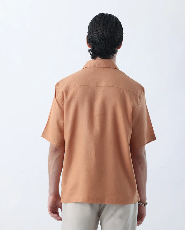 Rare Rabbit Mens Linex-1 SS Dusky Orange Linen Excel Fabric Regular Fabric Short Sleeve Boxy Fit Solid Shirt