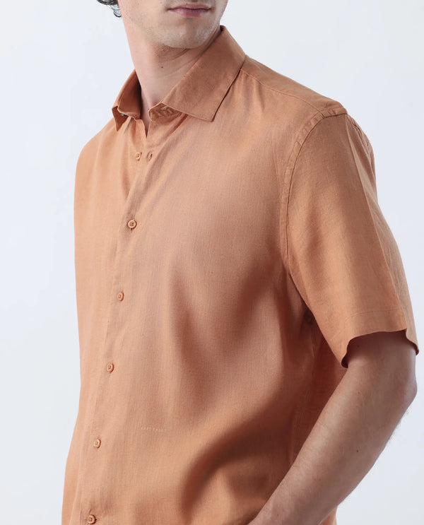 Rare Rabbit Mens Linex-1 SS Dusky Orange Linen Excel Fabric Regular Fabric Short Sleeve Boxy Fit Solid Shirt