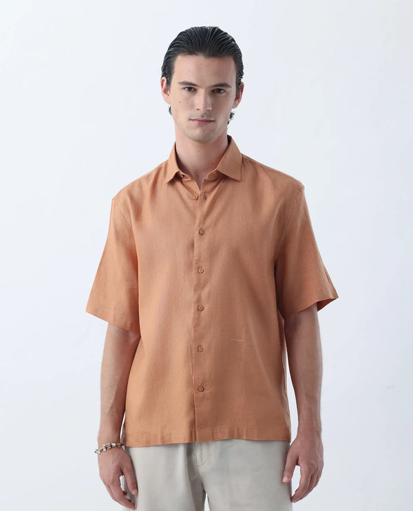 Rare Rabbit Mens Linex-1 SS Dusky Orange Linen Excel Fabric Regular Fabric Short Sleeve Boxy Fit Solid Shirt