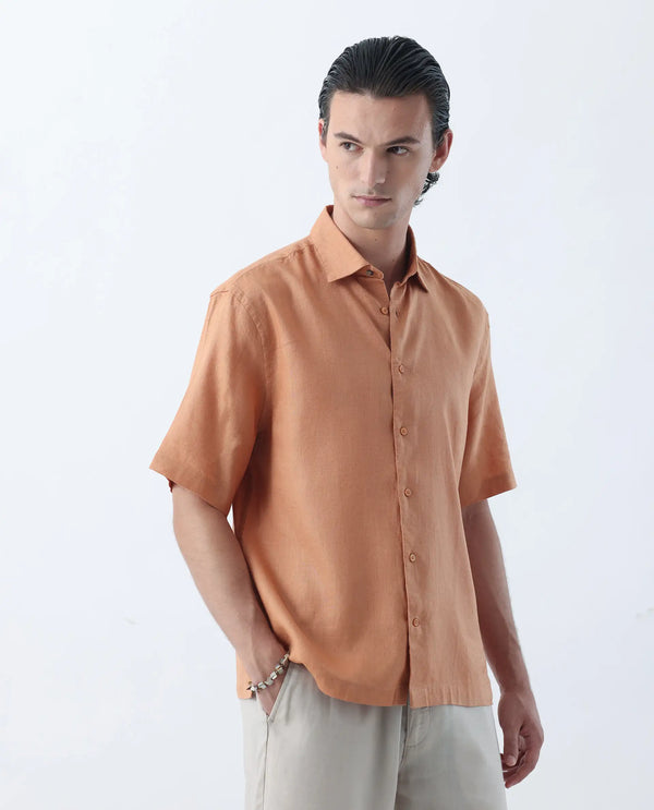 Rare Rabbit Mens Linex-1 SS Dusky Orange Linen Excel Fabric Regular Fabric Short Sleeve Boxy Fit Solid Shirt
