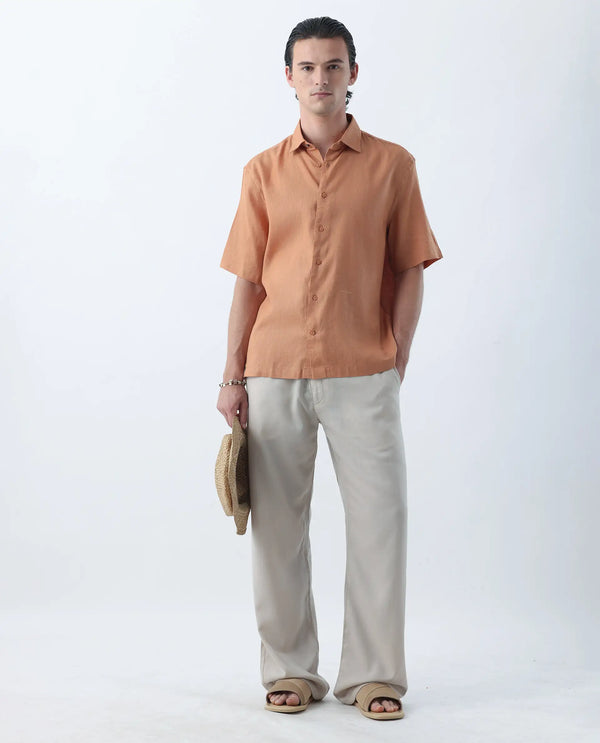 Rare Rabbit Mens Linex-1 SS Dusky Orange Linen Excel Fabric Regular Fabric Short Sleeve Boxy Fit Solid Shirt