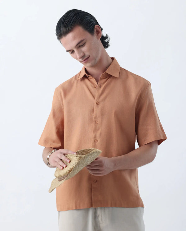 Rare Rabbit Mens Linex-1 SS Dusky Orange Linen Excel Fabric Regular Fabric Short Sleeve Boxy Fit Solid Shirt