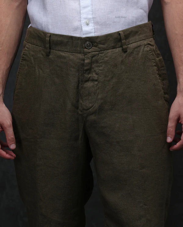 Rare Rabbit Mens Arcelo Olive Linen Mid Rise Regular Fit Solid Trousers