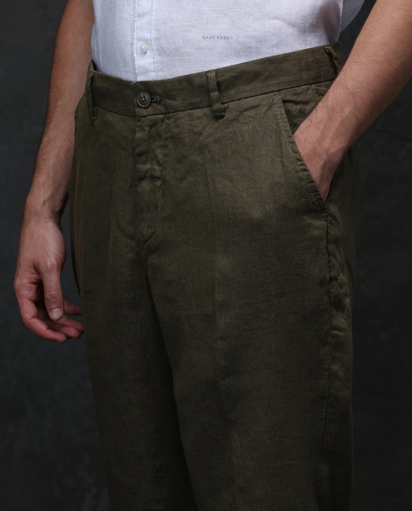 Rare Rabbit Mens Arcelo Olive Linen Mid Rise Regular Fit Solid Trousers