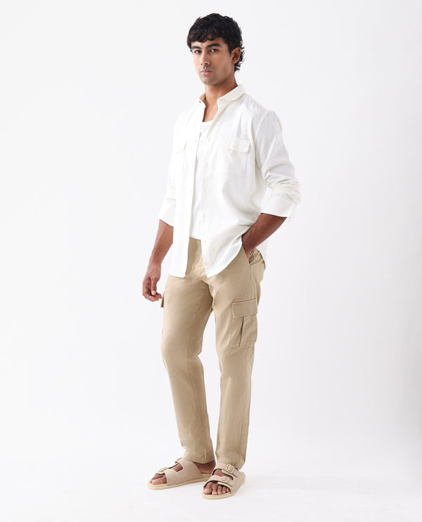 Rare Rabbit Mens Apex Beige Cotton Linen Solid Cargo Style Regular Fit Trouser